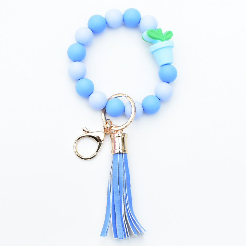 Wholesale Potted Silicone Beaded Leather Tassel Wrist Keychain